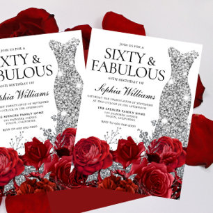 Invitation Robe d'argent Gown Roses rouges 60e fête d'anniver