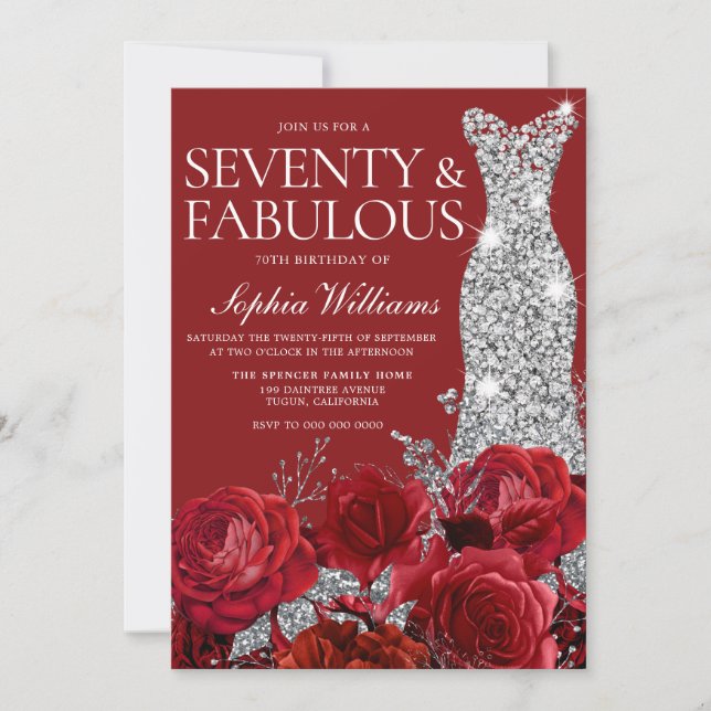 Invitation Robe d'argent Gown Rouge Floral 70e fête d'anniver (Devant)