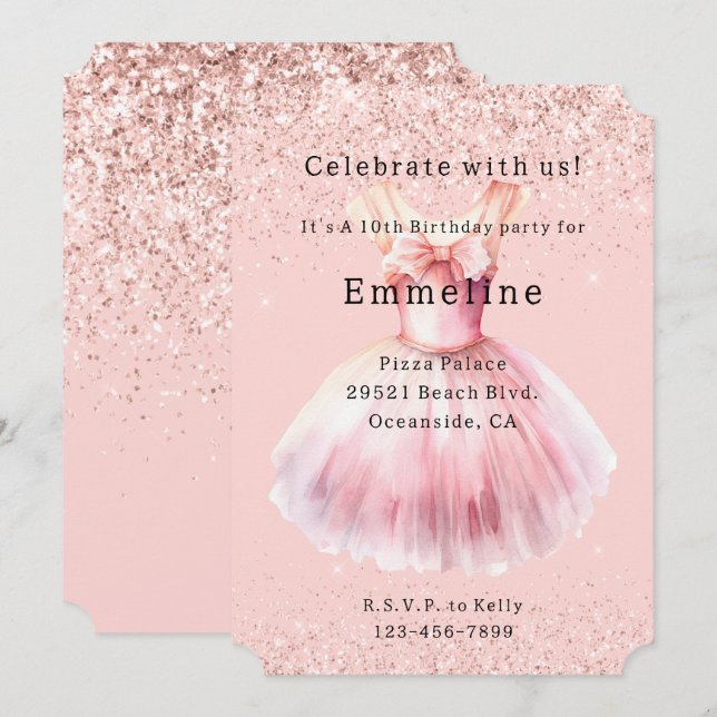 Invitation Robe de Ballet de Parties scintillant blanche rose (Devant / Derrière)