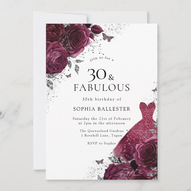 Invitation Robe de Bourgogne et d'argent Roses floraux 30e an (Devant)