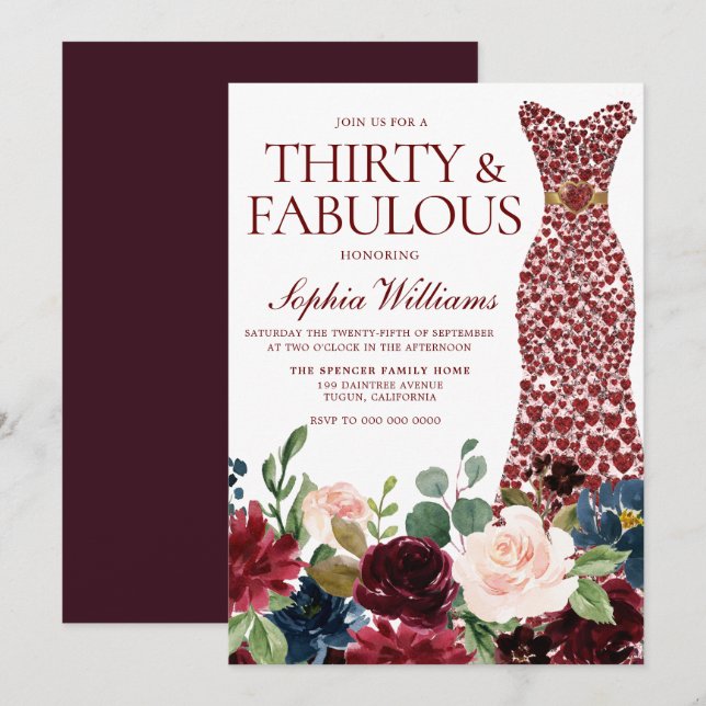 Invitation Robe de Coeur Rouge Bourgogne 30e anniversaire Flo (Devant / Derrière)