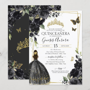 Invitation Robe de coing Quinceañera Black Gold Flowers