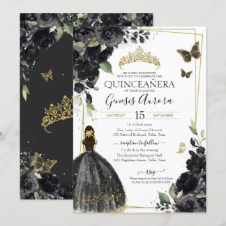 Invitation Robe de coing Quinceañera Black Gold Flowers