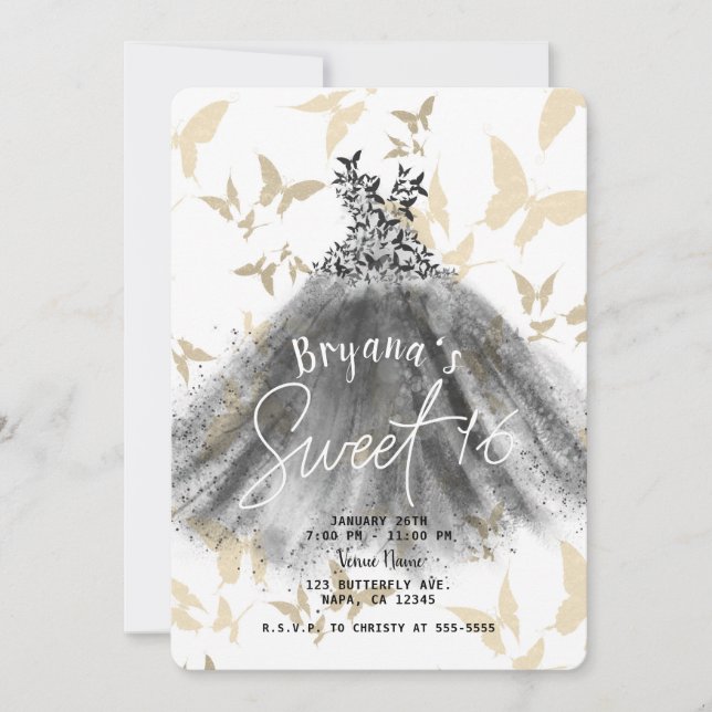Invitation Robe de danse papillon Black & Gold Sweet 16 (Devant)