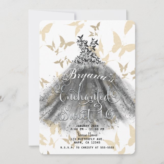 Invitation Robe de danse papillon Black Gold Sweet 16 (Devant)