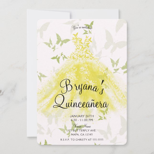 Invitation Robe de danse papillon jaune vert Quinceañera (Devant)
