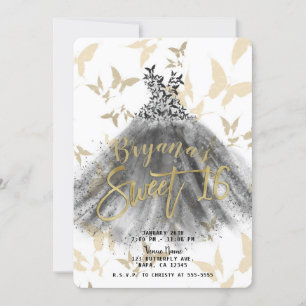 Invitation Robe de danse papillon noir et or Sweet 16