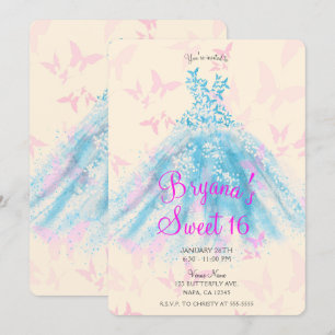 Invitation Robe de danse papillon rose et bleu Sweet 16 Party