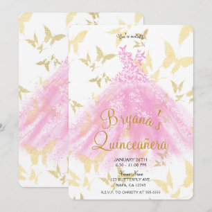 Invitation Robe de danse papillon rose et or pour Quinceañera