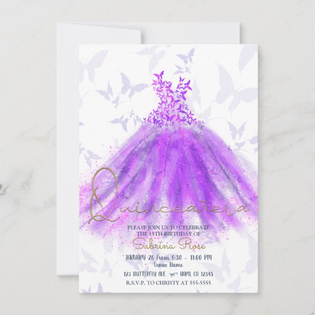 Invitation Robe de danse papillon rose et violet Quinceañera (Devant)