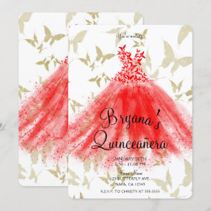 Invitation Robe de danse papillon rouge et or Quinceañera