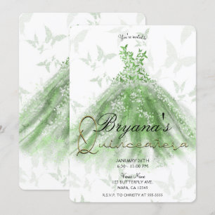 Invitation Robe de danse papillon vert pour fête de Quinceañe