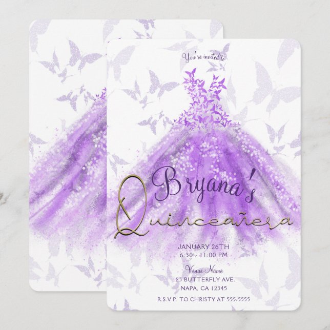 Invitation Robe de danse papillon violet pour Quinceañera (Devant / Derrière)
