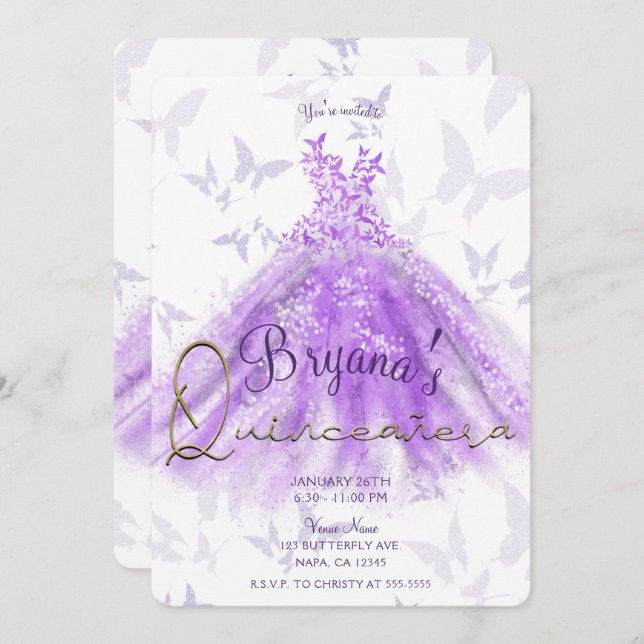 Invitation Robe de danse papillon violet Quinceañera (Devant / Derrière)
