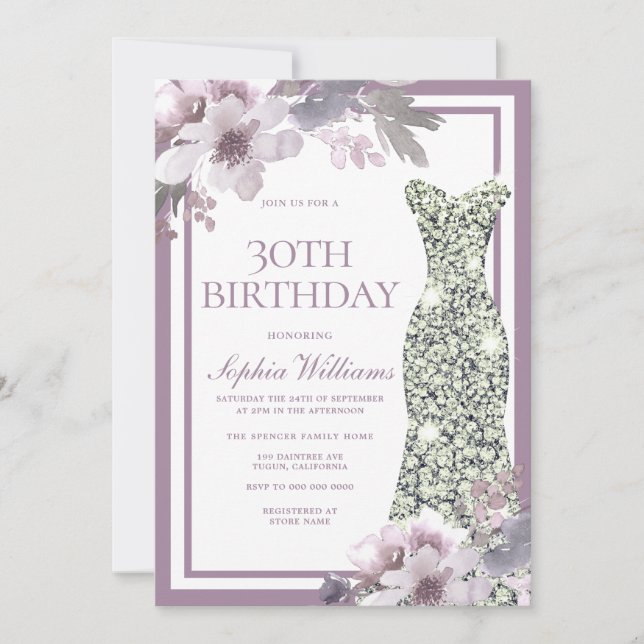 Invitation Robe de Diamant d'Argent Floral Violet 30e anniver (Devant)