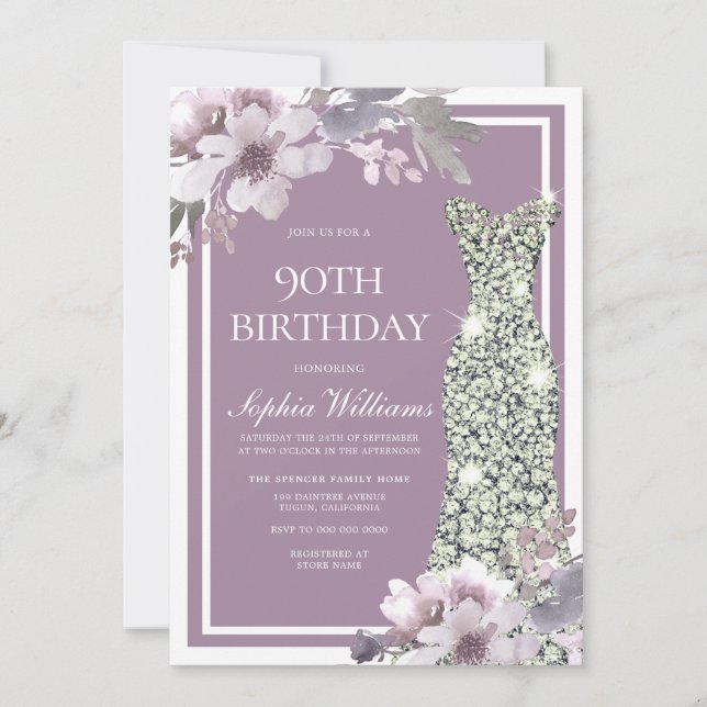 Invitation Robe de Diamant Floral Violet femmes 90e anniversa (Devant)