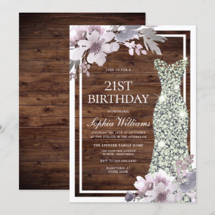 Invitation Robe de Diamant Floral Violet Rustique 21e anniver