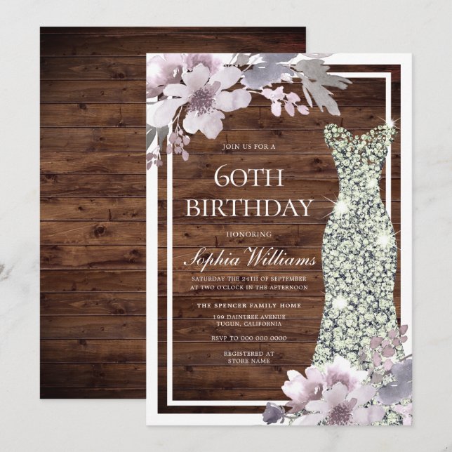Invitation Robe de Diamant Floral Violet Rustique 60e anniver (Devant / Derrière)