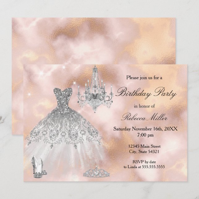 Invitation Robe de fête d'anniversaire Marbre rose beige blan (Devant / Derrière)