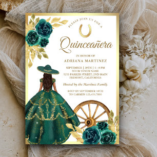Invitation Robe de Fleur Émeraude Verte Charro Or Quinceanera