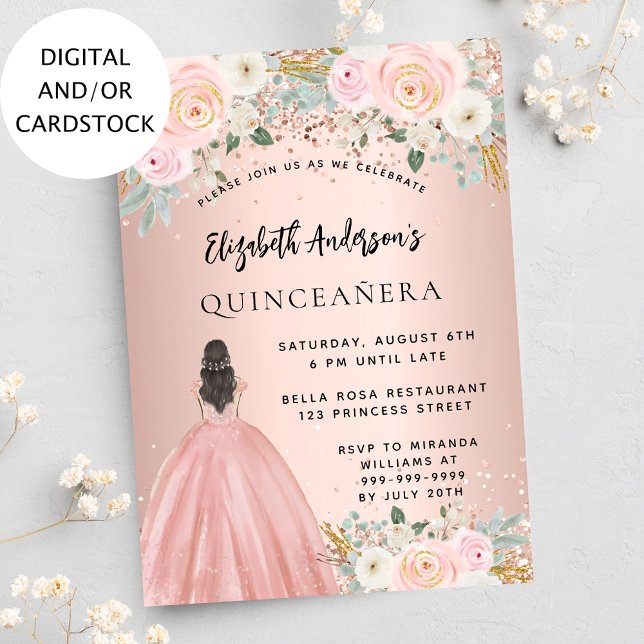 Invitation Robe de fleurs d'or rose Quinceanera (Créateur téléchargé)