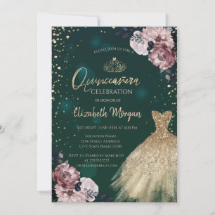 Invitation Robe de luxe en or, diamants, fleurs Quinceañera