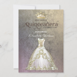 Invitation Robe de luxe vintage or tiara Quinceañera Invit