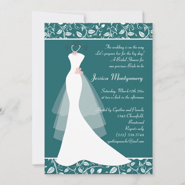 Invitation Robe de mariage blanche sur l'invitation turquoise (Devant)