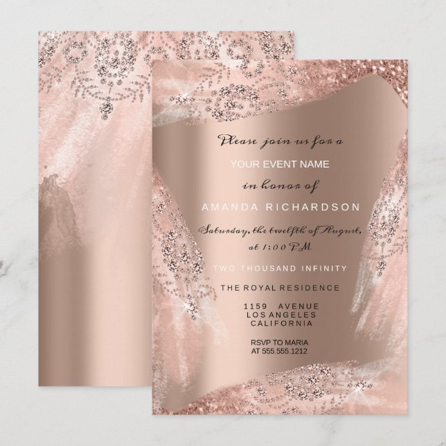 Invitation Robe de mariée 16e douce rose gold pailletée (Devant / Derrière)