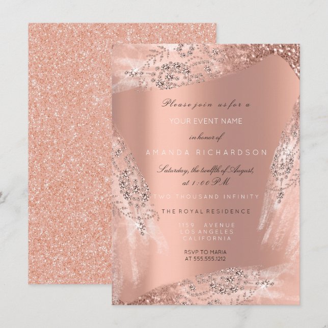 Invitation Robe de mariée 16e Rose pêche Diamant Pailleté (Devant / Derrière)