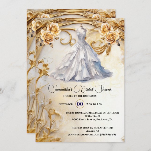 Invitation Robe de mariée blanche roses fleurs luxueuses (Devant / Derrière)