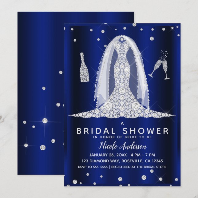 Invitation Robe de mariée Blue Shine Diamond Shower de mariag (Devant / Derrière)
