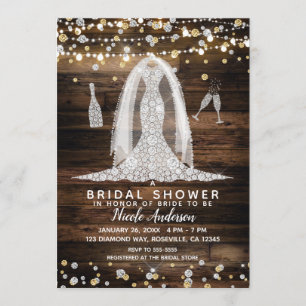 Invitation Robe de mariée diamant en bois et lumières douche 