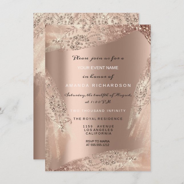 Invitation Robe de mariée diamantée Rose Gold pailletée 16e d (Devant / Derrière)