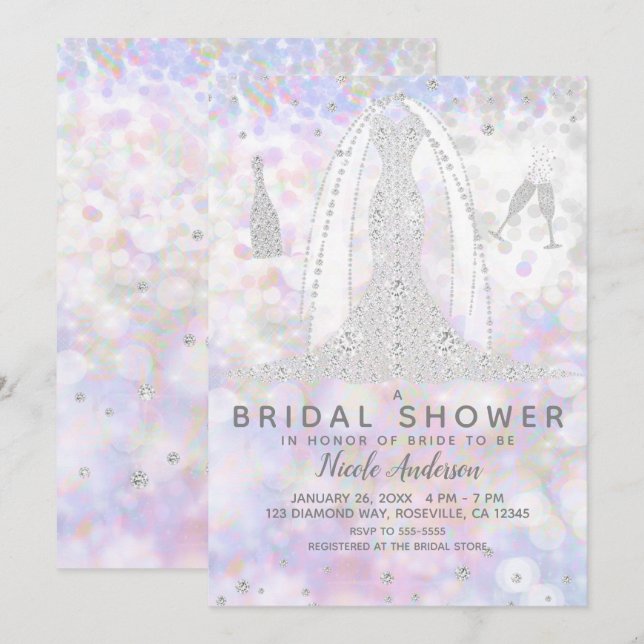 Invitation Robe de Mariée Iridescente à Diamants Shower de Ma (Devant / Derrière)