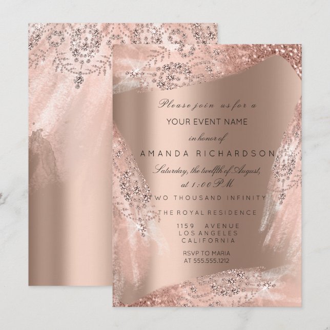 Invitation Robe de mariée Rose Gold scintillante 16e douce (Devant / Derrière)