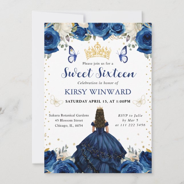 Invitation Robe de marine Brunette Princesse Sweet 16 Invitat (Devant)