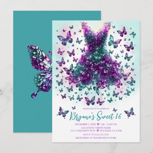 Invitation Robe de papillon Turquoise Alexandrite Juin Pierre (Devant / Derrière)