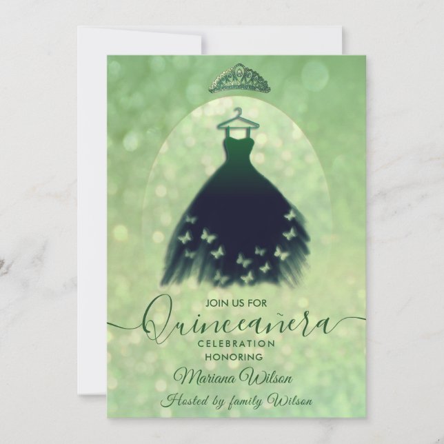 Invitation Robe de papillon vert bokeh moderne tiara Quince (Devant)
