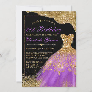 Invitation Robe de Parties scintillant dorée et violette 21e