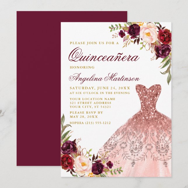 Invitation Robe de Parties scintillant Florale Bourgogne Or Q (Devant / Derrière)