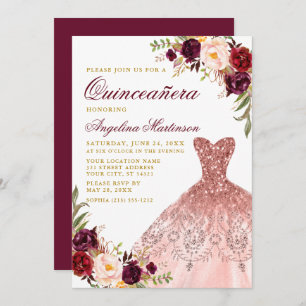 Invitation Robe de Parties scintillant Florale Bourgogne Or Q