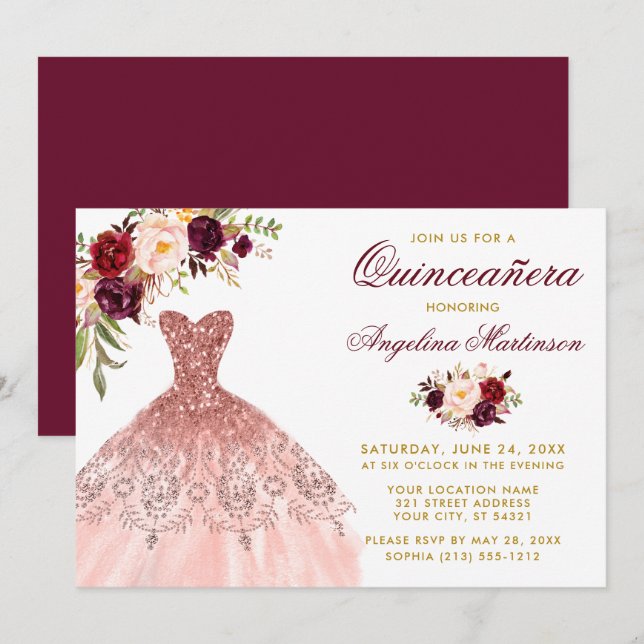 Invitation Robe de Parties scintillant Florale Bourgogne Quin (Devant / Derrière)