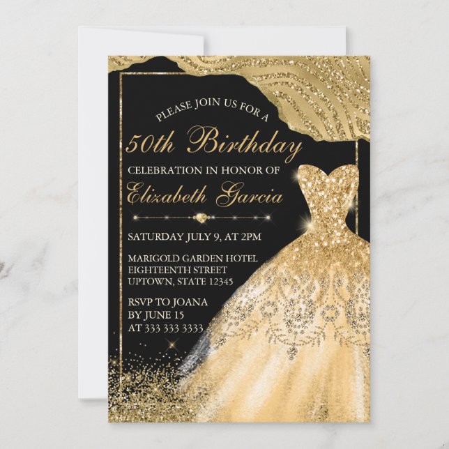 Invitation Robe de Parties scintillant Gold Faux & Bordure Gl (Devant)