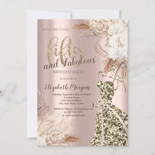 Invitation Robe de parties scintillant, Rose or Boho Flower 5 (Devant)