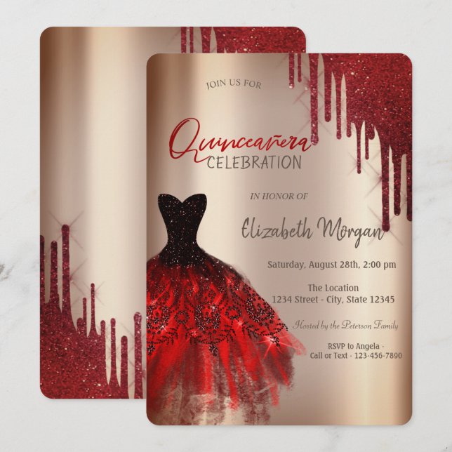 Invitation Robe de Parties scintillant rouge Quinceañera (Devant / Derrière)