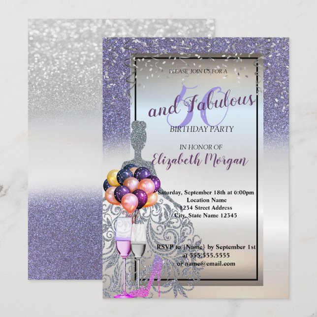 Invitation Robe de Parties scintillant violet en argent, 50e  (Devant / Derrière)