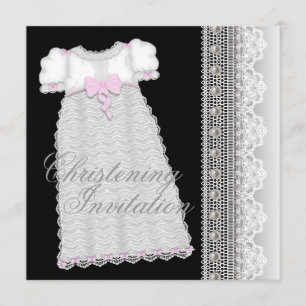 Invitation Robe de perles Bébé Fille Rose Noir Baptême