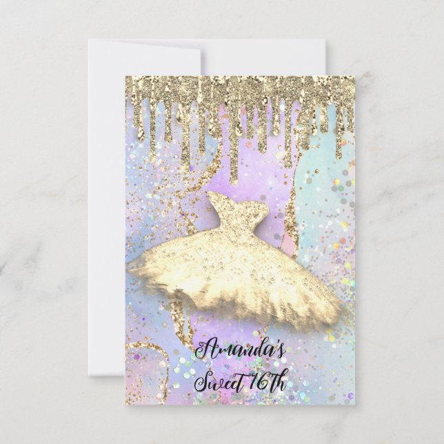 Invitation Robe de princesse à gouttes d'or Sweet 16 holograp (Dos)