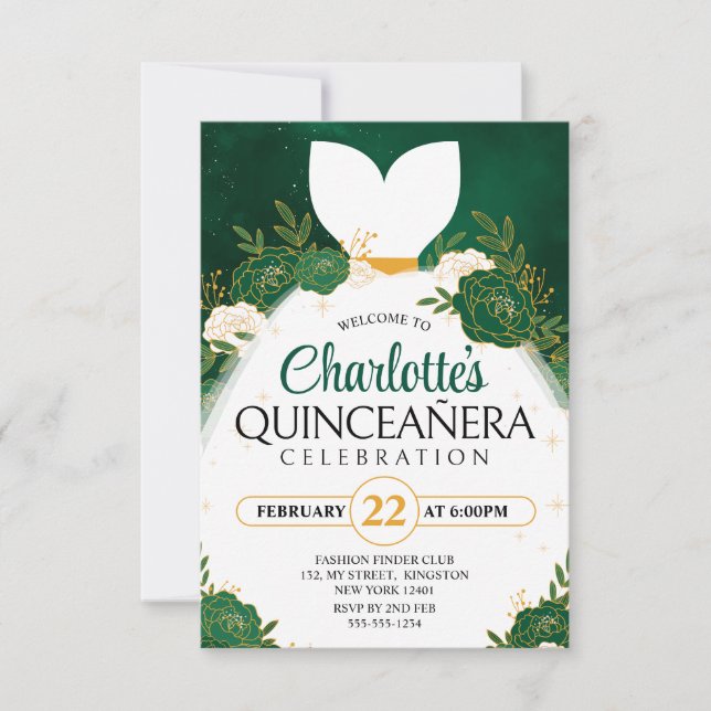 Invitation Robe de princesse blanche de Quinceañera vert émer (Devant)